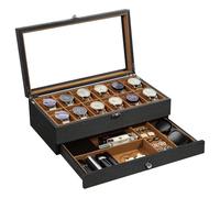 Uten Boîte à Montres 12 Compartiments, 2 Niveaux Coffret à Montres en Bois, Couvercle en Verre, Coffret de Rangement pour Montres, Coussinets Coton de Soie, Doublure Marron, Idée Cadeau