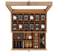 Uten Boîte à Montres 12 Compartiments, 2 Niveaux Coffret à Montres en Bois, Couvercle en Verre, Coffret de Rangement pour Montres, Coussinets Coton de Soie, Doublure Marron, Idée Cadeau