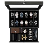 Uten Boîte à Montres 12 Compartiments, 2 Niveaux Coffret à Montres en Bois, Couvercle en Verre, Coffret de Rangement pour Montres, Coussinets Coton de Soie, Doublure Noire, Idée Cadeau