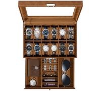 Uten Boîte à Montres 12 Compartiments, 2 Niveaux Coffret à Montres en PU, Couvercle en Verre, Coffret de Rangement pour Montres, Coussinets Coton de Soie, Doublure Marron, Idée Cadeau