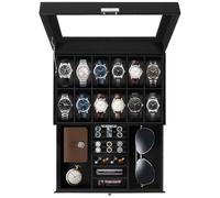 Uten Boîte à Montres 12 Compartiments, 2 Niveaux Coffret à Montres en PU, Couvercle en Verre, Coffret de Rangement pour Montres, Coussinets Coton de Soie, Doublure Noire, Idée Cadeau