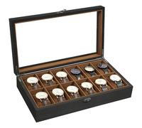 Uten Boîte à Montres 12 Compartiments, Coffret à montres en Bois, Couvercle en Verre, Coffret de Rangement pour Montres pour Hommes et Femmes, Coussinets Coton de Soie, Doublure Marron, Idée Cadeau