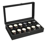 Uten Boîte à Montres 12 Compartiments, Coffret à montres en Bois, Couvercle en Verre, Coffret de Rangement pour Montres pour Hommes et Femmes, Coussinets Coton de Soie, Doublure Noire, Idée Cadeau