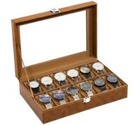 Uten Boîte à Montres 12 Compartiments, Coffret à Montres en PU, Couvercle en Verre, Coffret de Rangement pour Montres, Doublure en Velours Marron, Idée Cadeau