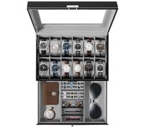 Uten Boîte à montres, 12 emplacements en cuir synthétique avec tiroir à bijoux, coussin de montre amovible, fermoir en métal, boîte de rangement pour montres
