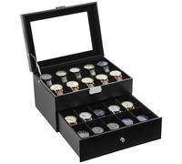 Uten Boîte à Montres 20 Compartiments, 2 Niveaux Coffret à Montres en PU, Couvercle en Verre, Coffret de Rangement pour Montres, Doublure en Velours Noire, Idée Cadeau