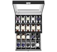Uten Boîte à Montres 20 Compartiments, 2 Niveaux Coffret à Montres en PU, Couvercle en Verre, Coffret de Rangement pour Montres, Doublure en Velours Gris, Idée Cadeau