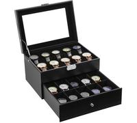 Uten Boîte à Montres 20 Compartiments, Boîte de Présentation de Montres en PU Double Couche avec Couvercle en Verre,Doublure Noir