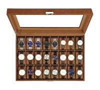 Uten Boîte à Montres 24 Compartiments, Coffret à Montres en PU, Couvercle en Verre, Coffret de Rangement pour Montres, Doublure en Velours Marron, Idée Cadeau