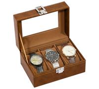 Uten Boîte à Montres 3 Compartiments, Coffret à Montres en PU, Couvercle en Verre, Coffret de Rangement pour Montres, Doublure en Velours Marron, Idée Cadeau