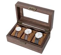 UTEN Boîte à Montres 3 Compartiments, Coffret de Rangement pour Montres et Bijoux, Vitrine de Présentation Marron
