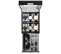 Uten Boîte à Montres 6 Compartiments, 2 Niveaux Coffret à Montres en PU, Couvercle en Verre, Coffret de Rangement pour Montres, Coussinets Coton de Soie, Doublure Gris, Idée Cadeau