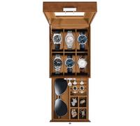 Uten Boîte à Montres 6 Compartiments, 2 Niveaux Coffret à Montres en PU, Couvercle en Verre, Coffret de Rangement pour Montres, Coussinets Coton de Soie, Doublure Noire, Idée Cadeau