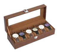 Uten Boîte à Montres 6 Compartiments, Coffret à Montres en PU, Couvercle en Verre, Coffret de Rangement pour Montres, Doublure en Velours Marron, Idée Cadeau