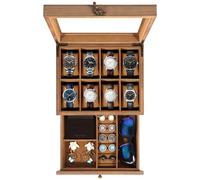 Uten Boîte à Montres 8 Compartiments, 2 Niveaux Coffret à Montres en Bois, Couvercle en Verre, Coffret de Rangement pour Montres, Coussinets Coton de Soie, Doublure Marron, Idée Cadeau