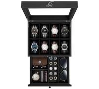 Uten Boîte à Montres 8 Compartiments, 2 Niveaux Coffret à Montres en Bois, Couvercle en Verre, Coffret de Rangement pour Montres, Coussinets Coton de Soie, Doublure Noire, Idée Cadeau