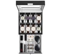 Uten Boîte à Montres 8 Compartiments, 2 Niveaux Coffret à Montres en PU, Couvercle en Verre, Coffret de Rangement pour Montres, Coussinets Coton de Soie, Doublure Gris, Idée Cadeau