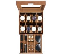 Uten Boîte à Montres 8 Compartiments, 2 Niveaux Coffret à Montres en PU, Couvercle en Verre, Coffret de Rangement pour Montres, Coussinets Coton de Soie, Doublure Marron, Idée Cadeau