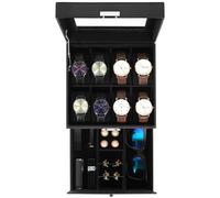 Uten Boîte à Montres 8 Compartiments, 2 Niveaux Coffret à Montres en PU, Couvercle en Verre, Coffret de Rangement pour Montres, Coussinets Coton de Soie, Doublure Noire, Idée Cadeau