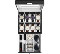 Uten Boîte à Montres 8 Compartiments,Coffret à Montres en PU Double Couche avec Couvercle en Verre,Doublure Gris