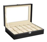 Uten Boîtes à montres à 12 emplacements, boîte à montres pour hommes, vitrine pour montres, boîte de rangement pour montres avec coussin amovible, fermoir en métal, cuir PU, noir/beige