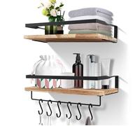 UTEN Etagère Murale Bois,Lot De 2 Étagères Murales En Bois avec Porte-Serviettes et Crochets,Étagères De Rangement Rustiques