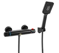 Uten Mitigeur Thermostatique de Douche, Système de Douche avec Pommeau 3 Fonctions, Anti-Brulure, Laiton Chromé, Set Complet pour Mur, Noir