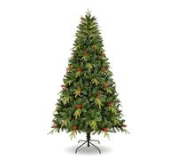 Uten Sapin de Noël Artificiel 225 cm, Réaliste PE Arbr Noël Intérieur Décoration, 1150 Aspect Naturel Branches en PVC & PE, 37 Groupes Baies Rouges, Branches Charnière, Base Métal, Réutilisable