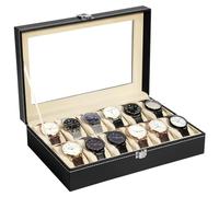 Uten Watch Organizer - 12 Slot PU Case with Glass Lid, Valentine's Day Gift, Watch Display Box with Removable Pillow, Metal Clasp