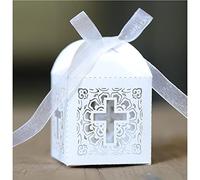 Uteruik Lot de 50 boîtes à dragées en forme de croix avec ruban pour mariage, baptême, fête prénatale, décoration de fête