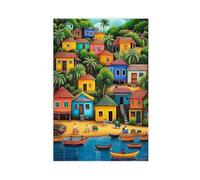 UTGN Impression sur toile représentant un village de pêcheurs naïf en Haïti 30 x 45 cm