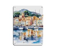 UTGN Saint Tropez Art - Peinture à l'aquarelle de la Côte d'Azur - Rétro - Plaque en métal chic - Peinture en fer - Pour bar, personnes, grotte, café, famille, garage - Décoration murale - 30 x 40 cm
