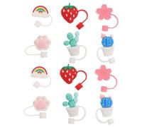 UTHCLO 12 pièces Silicone Straw Stopper Covers Reusable Dust Caps For Hawaiian Party With Cute Designs Including Cherry Blossom Strawberry Cactus Rainbow Practical Gift Couleur Aléatoire