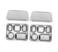 UTHCLO 2 ensembles Lot Assiettes Inox Divisées à Compartiments avec Couvercle Plateau Repas Maison et Restauration Acier Plateau Service Pratique et Hygiénique pour École et Famille