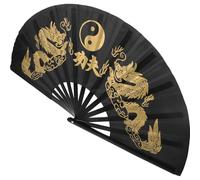 UTHCLO Éventail Pliant Tai Chi 1,2 Pied en Tissu Noir Ossature Bambou, Ventilateur Portatif Style Rétro pour Danse, Spectacle et Décoration Intérieure, Éventail de Poche Pliable Chinois