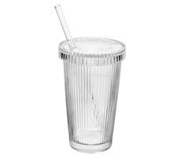 UTHCLO Grand Verre à Rayures Longitudinales avec Couvercle et Paille Tasse Verre Transparent pour Boissons Froides Thé Jus Eau Facile à Transporter et Protéger la Fraîcheur