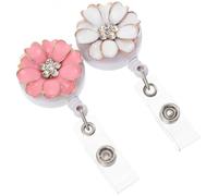 UTHCLO Lot de 2 Porte-Badges Rétractables Pince à Strass Fleur Porte-Badge Nominatif Décoratif Accessoires pour Enseignants et Étudiants Usage Quotidien Couleurs Rose et Blanc
