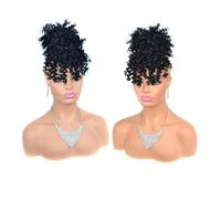 Utilisation quotidienne en fête Chignon Afro Puff avec frange Cheveux courts afro crépus bouclés Chignons Extension de cheveux queue cheval à cordon synthétique(Natural Black)