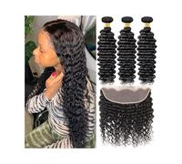 Utilisation quotidienne Extensions de cheveux brésiliens ondulés profonds avec frontal, 3 lots avec dentelle frontale 13x4, cheveux humains Remy bouclés profonds Pour les partis(24 26 28 Closure 20)
