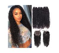 Utilisation quotidienne Extensions de cheveux malaisiens bouclés avec fermeture 4×4, 3 lots de cheveux ondulés avec fermeture en dentelle Pour les partis(18 20 20+Closure16)