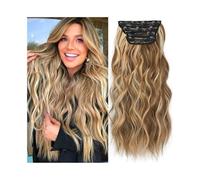 Utilisation quotidienne Extensions de cheveux synthétiques ondulées à clips, longueur 50 cm, aspect naturel, for femmes, 180 g, ondulées et bouclées, avec 11 clips.(Golden Brown+Natural Blonde)