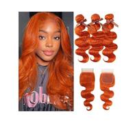 Utilisation quotidienne Lot de 3 extensions de cheveux brésiliens ondulés orange de 10 à 26 pouces avec fermeture, tissage en lot de 3, cheveux humains Remy bouclés, partie libre Pour les partis(22 22