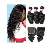 Utilisation quotidienne Lot de 3 extensions de cheveux humains Loose Wave avec fermeture 4×4, cheveux brésiliens Remy avec fermeture en dentelle, cheveux bouclés ondulés Pour les partis(24 26 26+Closu