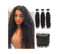 Utilisation quotidienne Lot de 3 mèches de cheveux brésiliens bouclés et épais avec fermeture frontale en dentelle 13x4 Pour les partis(22 22 22 Frontal 18)