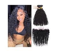 Utilisation quotidienne Lot de 3 mèches de cheveux brésiliens naturels ondulés avec frontal 13×4, cheveux vierges bouclés et dentelle transparente Pour les partis(12 12 12 Closure 10)