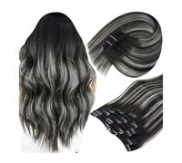 Utilisation quotidienne Lot de 7 extensions de cheveux à clipser, cheveux humains, balayage noir naturel, ombré, gris, blond, Remy Hair, 120 g(14inches)