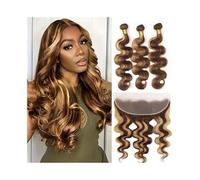 Utilisation quotidienne Mèches Body Wave avec frontal, cheveux brésiliens naturels couleur P4/27, double trame, avec lace frontal 13x4 Pour les partis(26 26 26 Closure 20)