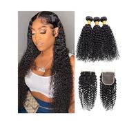 Utilisation quotidienne Paquets de cheveux humains avec fermeture partie libre armure de cheveux humains bouclés crépus 3 4 paquets avec fermeture couleur naturelle Extensions de cheveux brésiliens Re