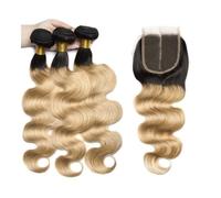 Utilisation quotidienne Tissage en lot de cheveux humains Body Wave, 3/4 mèches de cheveux brésiliens avec fermeture en dentelle 4x4, extension de cheveux Remy de couleur ombrée 1B/27 Pour les partis(