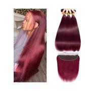 Utilisation quotidienne Tissage en lot de cheveux raides avec double trame frontale en cheveux humains brésiliens 3 4 lots avec dentelle frontale HD 13x4 99j Bordeaux Pour les partis(22 22 22 22Closur
